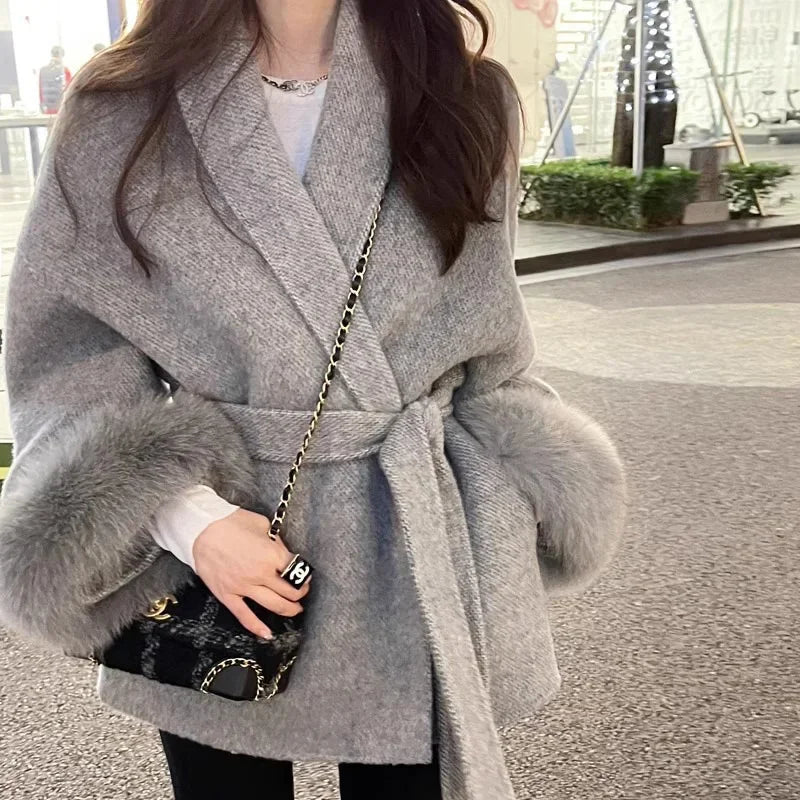 Winter New Women Double-sided Wool Lace-up Coat Cuffs Removable Fox Fur High Quality Double-sided Cashmere Woolen Coat Female