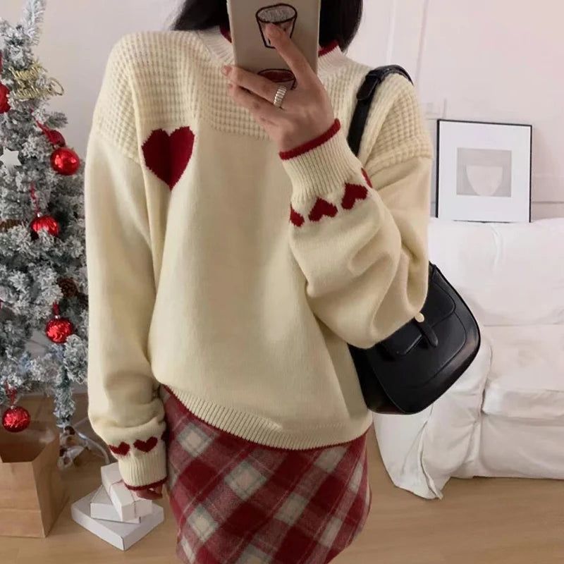 pantsparadises Christmas Sweaters Women y2k Clothes Heart Print Round Neck Long Sleeve Knitted Pullover Tops 2000s Aesthetic Clothing