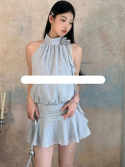 pantsparadises DRESS TO IMPRESS 2024 Summer Chiffon Vintage Elegant Dress Women Flower Sleeveless Y2k Bodycon Dress Female Lace Up Korea Fashion Casual Clothes