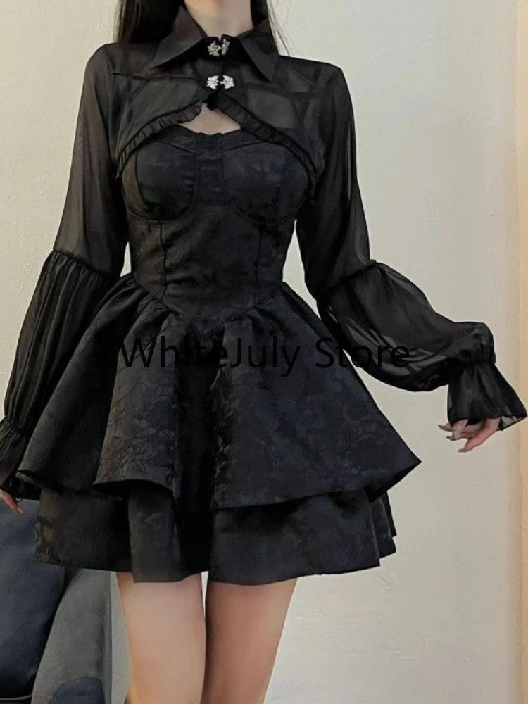 pantsparadises DRESS TO IMPRESS Summer Black Gothic Lolita Short Party Suits Women Long Sleeve Coat + Pure Color Mini Dress Fashion High Waist Outfits Chic