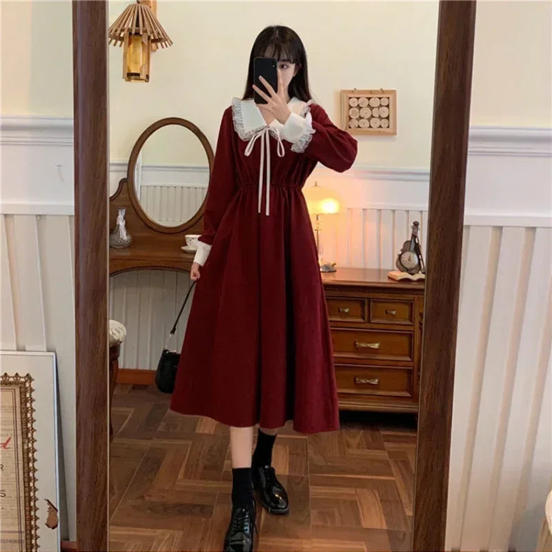 pantsparadises holiday dress New Vintage Shirt Dress Women Autumn Spring Long Sleeve Robe Kawaii Lolita Elegant Midi Dresses Korean Fashion Vestido платье