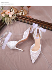 pantsparadises Size 33-42 Summer Beaded Women White Wedding Shoes Ankle Strap Pointed High Heel Pumps