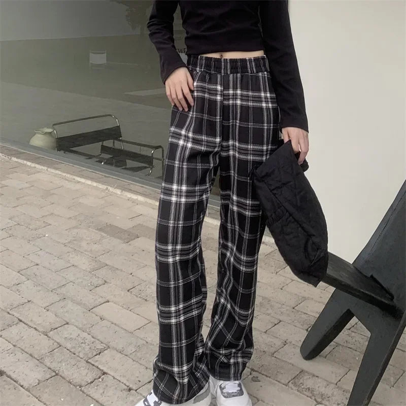 pantsparadises Fashion Warm Plush Pants Cashmere Thick Plaid Ladies Winter Casual Loose Wide-legged Pants Korean Streetwear Students