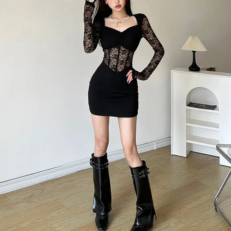 pantsparadises Black Mysterious Sexy Lace Stitching Mature Fishbone Beautiful Sweet Gentle Women'S Winter Long Sleeve Hip Short Dress