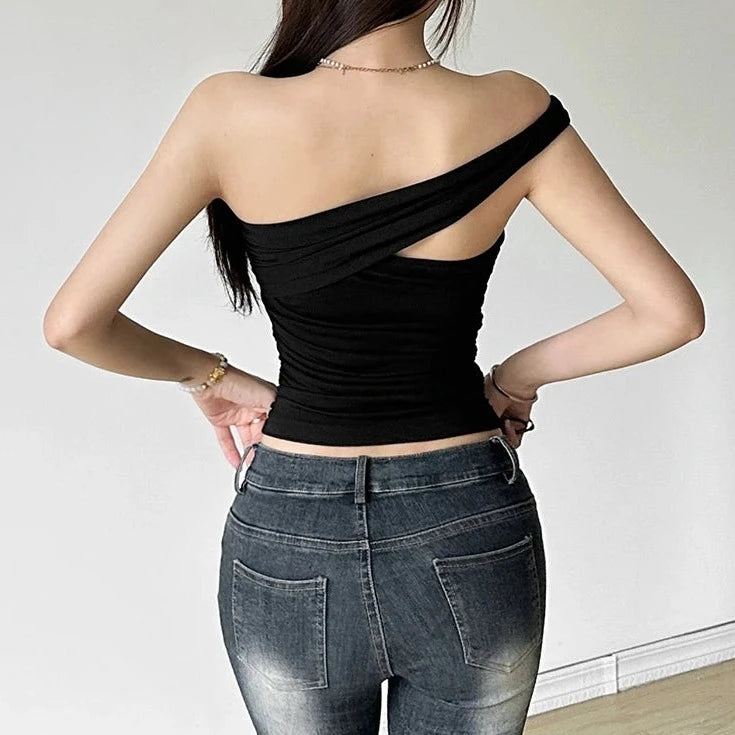 pantsparadises Ruffles One Shoulder Tops Female Summer Sleeveless Simple Wild Basic Patchwork Casual Party Streetwear Skinny Vest