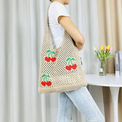 pantsparadises Cute Strawberry Cherry Crochet Shoulder Bag for Women Large Shopper Bag Casual Tote Handbags Summer Beach 2024 New Women's Bag