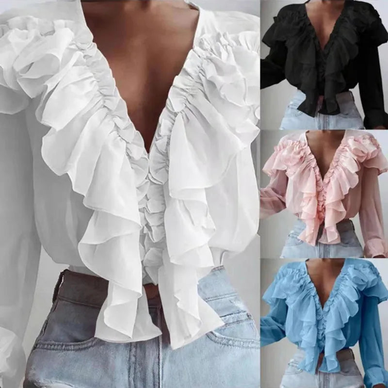 pantsparadises Spring Autumn Elegant Ruffles Women Shirts Top Casual V Neck Long Sleeve Loose Female Solid Chiffon Blouses For Women Blusa