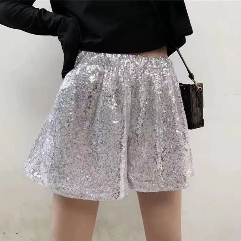 pantsparadises Fashion Elastic Waist Chic Sequined Wide Leg Shorts Summer New Women's Clothing Korean Casual A-Line Loose Pants for Female