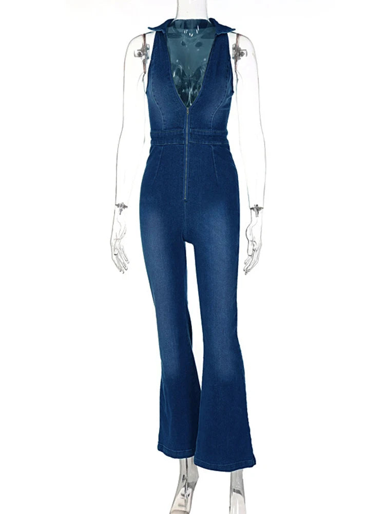 pantsparadises Denim Jumpsuit V Neck Zipper Bell Sleeveless Sexy Outifts Elegant Backpacker  Party Summer