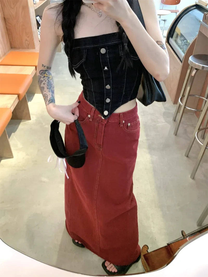 pantsparadises Women's Red Split Back Denim Skirt Summer Chic Design Street Style Solid Color Female Straight Floor Length Long Skirts