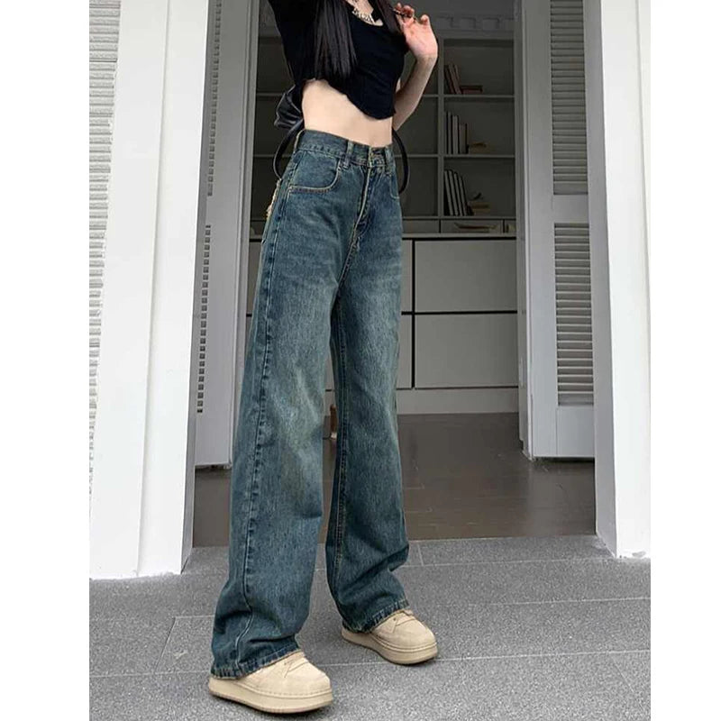 pantsparadises Wide Leg Jeans For Women High Waisted Contrasting Straight Leg Pant Autumn lady Loose Pants Streetwear