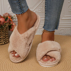 pantsparadises Faux Fur Corss Band Fuzzy Slippers Women Winter Warm Plush Indoor Fluffy Shoes Woman Soft Sole Open Toe Home Cotton Slippers