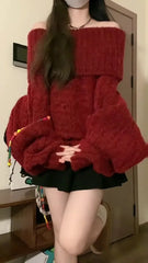 pantsparadises Women Red Pullover Knitted Sweater Harajuku Y2k Long Sleeves Slash Neck Sweater Jumper Vintage 2000s Aesthetic Clothes 2024