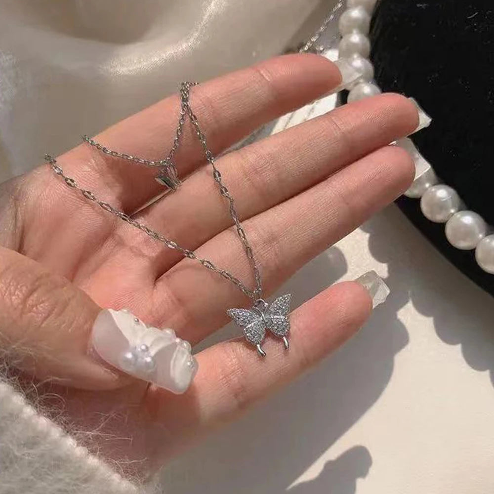 pantsparadises Simple Double Layer Star Moon Charm  Multilayered Necklace Delicate Clavicle Chain Zircon For Women Fashion Jewelry