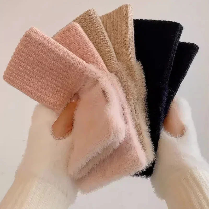 pantsparadises Mink Fleece Soft Winter Half Finger Gloves Women Warm Luxury Solid White Plush Knitted Fingerless Gloves Wrist Mittens Writting