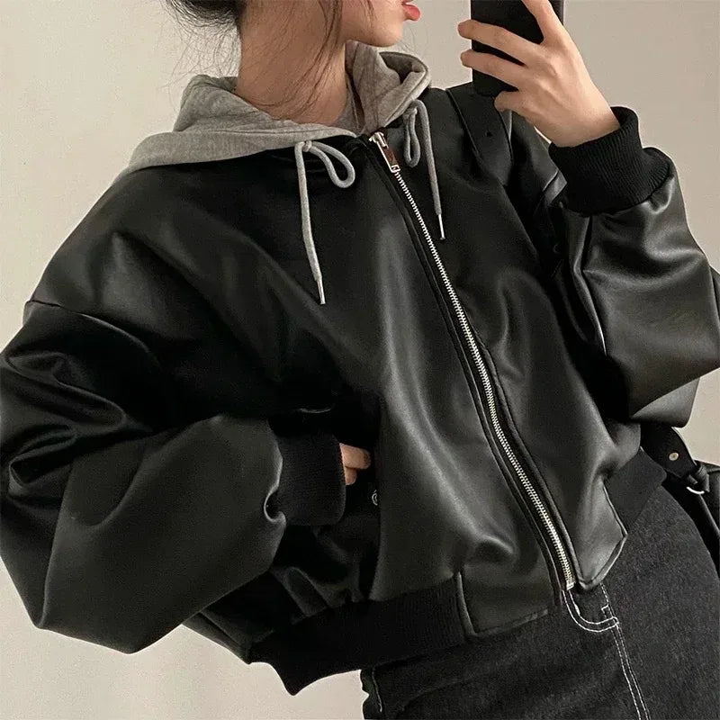 pantsparadises outfit inspo winter Fashion Hooded Loose Leather Jackets Women Fashion Faux Leather Coats Spring Autumn Korean PU Jackets