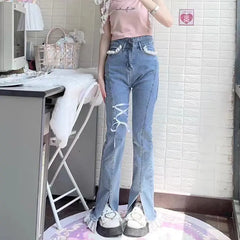 pantsparadises Sweet Spice Girl Little Lace Strap Jeans Spring Summer New Ins Slim Elastic Split Horn Wide-leg Denim Pantalones High Waist Pant