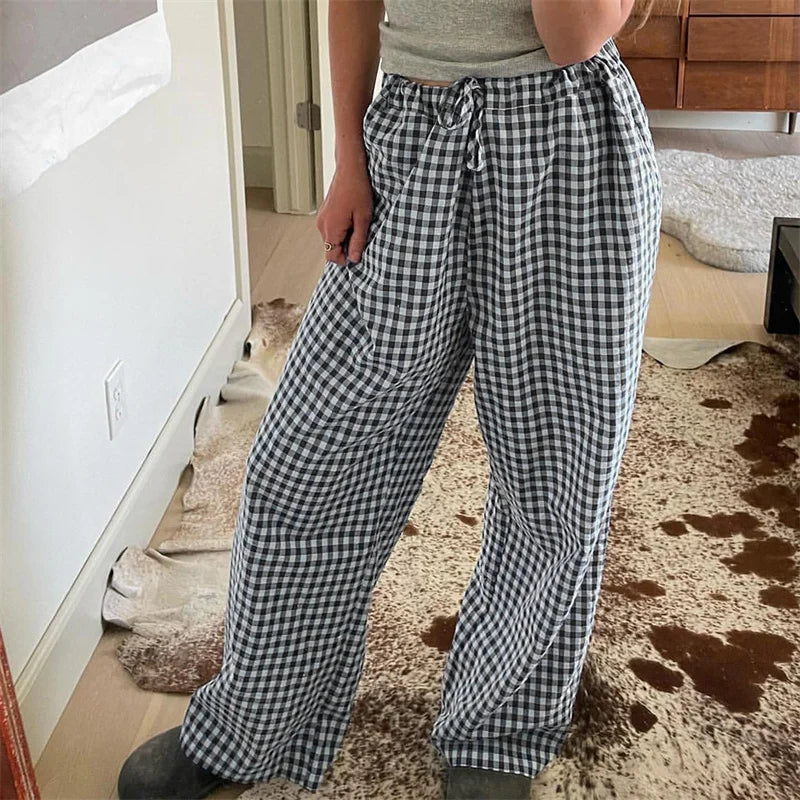 pantsparadises Lounge Pants y2k Clothes Women Plaid Print Drawstring High Waist Loose Trousers with Pockets 2000s Clothing Streetwear