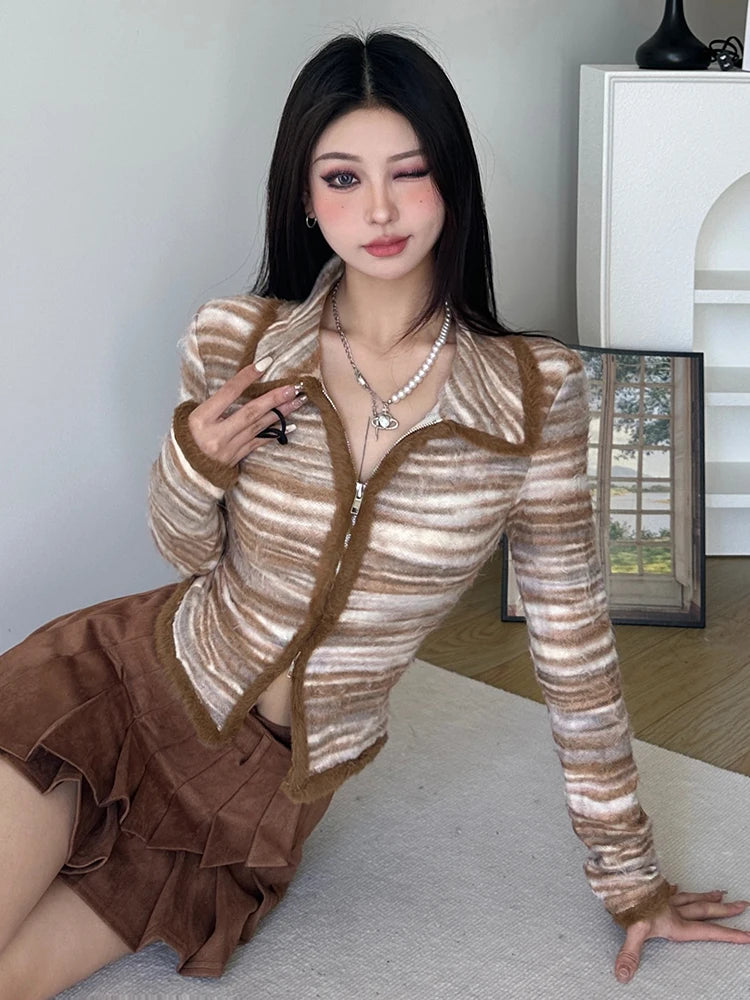 pantsparadises Striped Knit Sweater Cardigan Y2K High Street Women Autumn Turn-down Collar Zipper Sweaters Coat Female Casual Korean