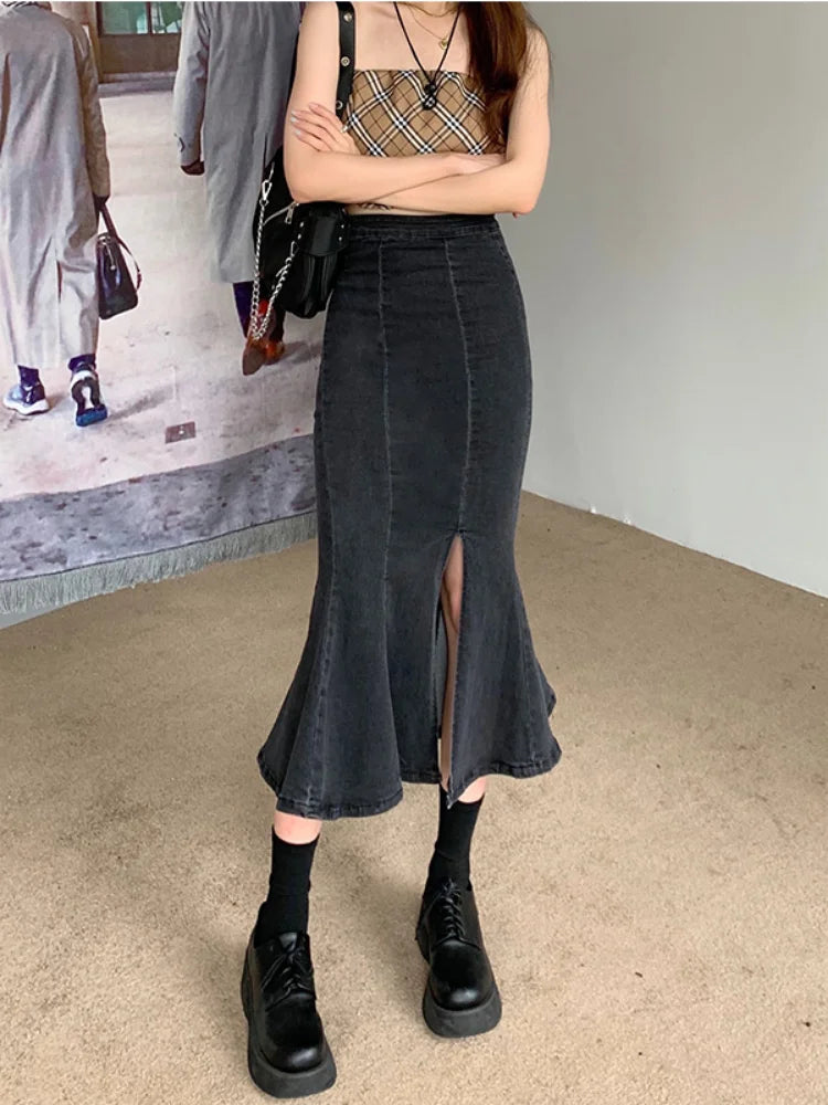 pantsparadises Denim Slit Long Skirt Women Korean Fashion Vintage High Waist Bodycon Ruffles Mermaid Midi Skirt Elegant Chic Summer