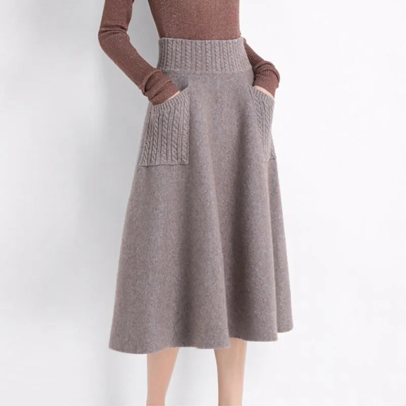 pantsparadises Autumn Winter Women's Knitting New Double Pocket Fluffy Loose Wool Medium And Long Girls' Skirt Leisure Daily Camel Color