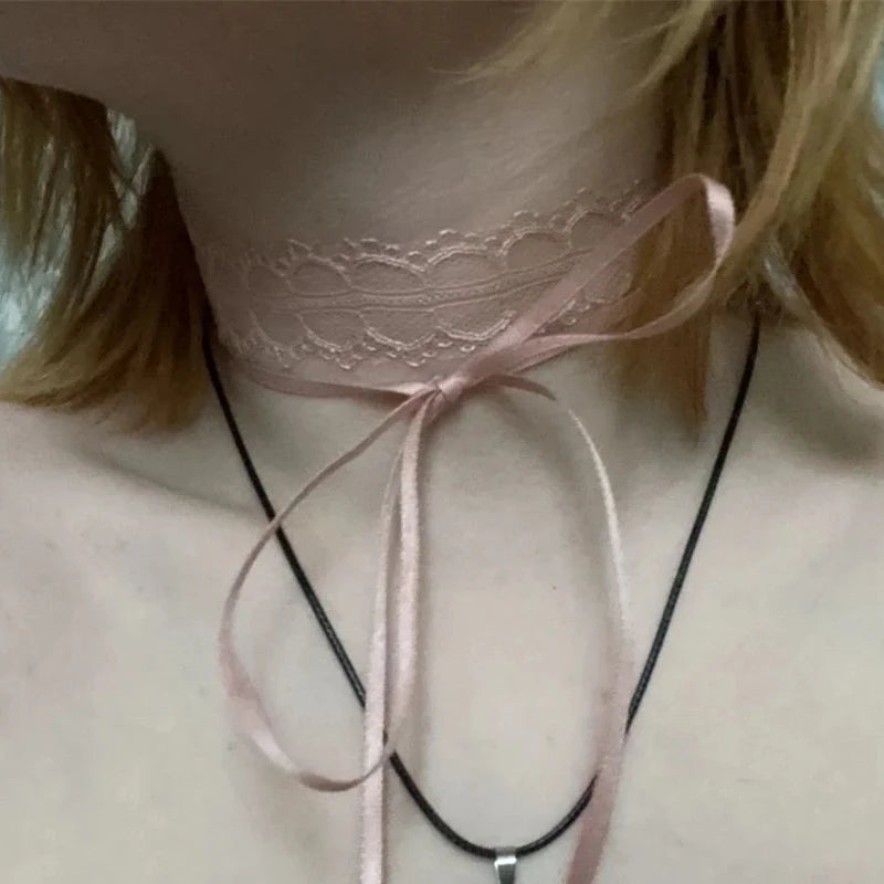 pantsparadises New Goth Y2K Lovely Girl Choker New Korea Fashion Cute Pink Color Lace Bow Necklace For Women Charm Wedding Birthday Jewelry