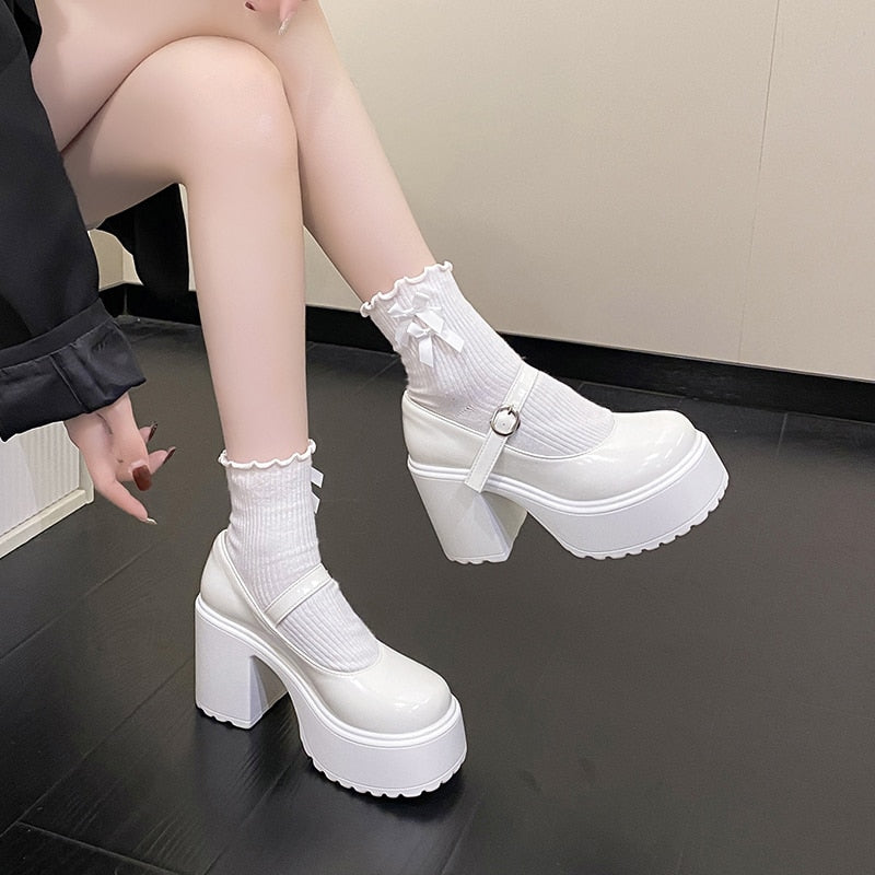 pantsparadises Fashion White Platform Pumps for Women Super High Heels Buckle Strap Mary Jane Shoes Woman Goth Thick Heeled Party Shoes Ladies