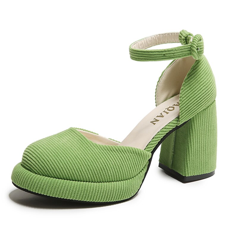 pantsparadises Green Ankle Strap Platform Pumps Women Corduroy High Heels Mary Jane Shoes Woman Elegant Chunky Heeled Party Dress Shoes