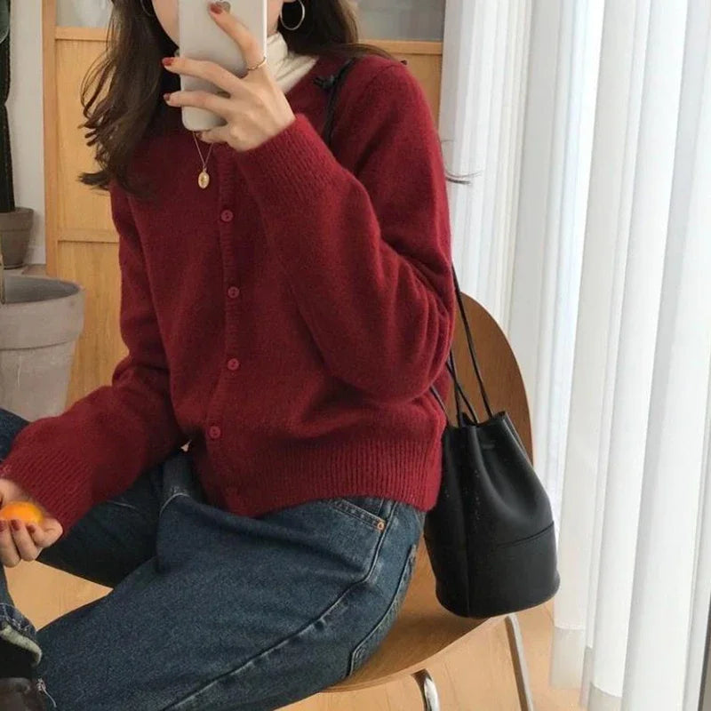 pantsparadises Cold Weather Outfits Fall Solid Color Knitted Cardigan Women Korean Single Breasted Long Sleeve Jumper Woman Round Neck All Match Sweater Outwear Top