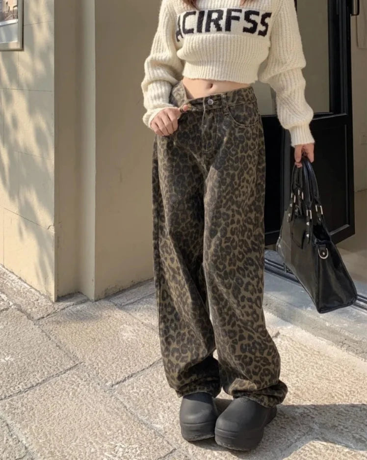 pantsparadises Vintage Leopard Print Pantalon Femme Wide Leg Pants Women High Waist Straight Y2k Jeans Casual Fashion Korean  Jean Trousers