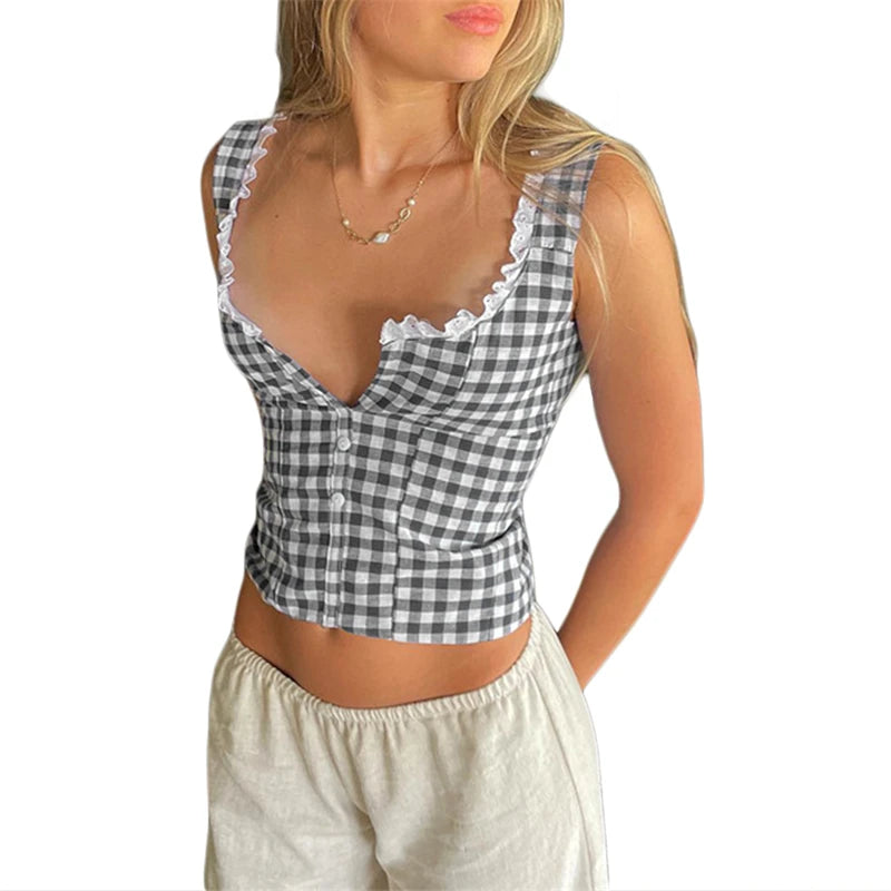 pantsparadises Plaid Crop Top y2k Aesthetic Women Lace Trim Square Collar Button Down Sleeveless Tanks 2000s Clothing Streetwear