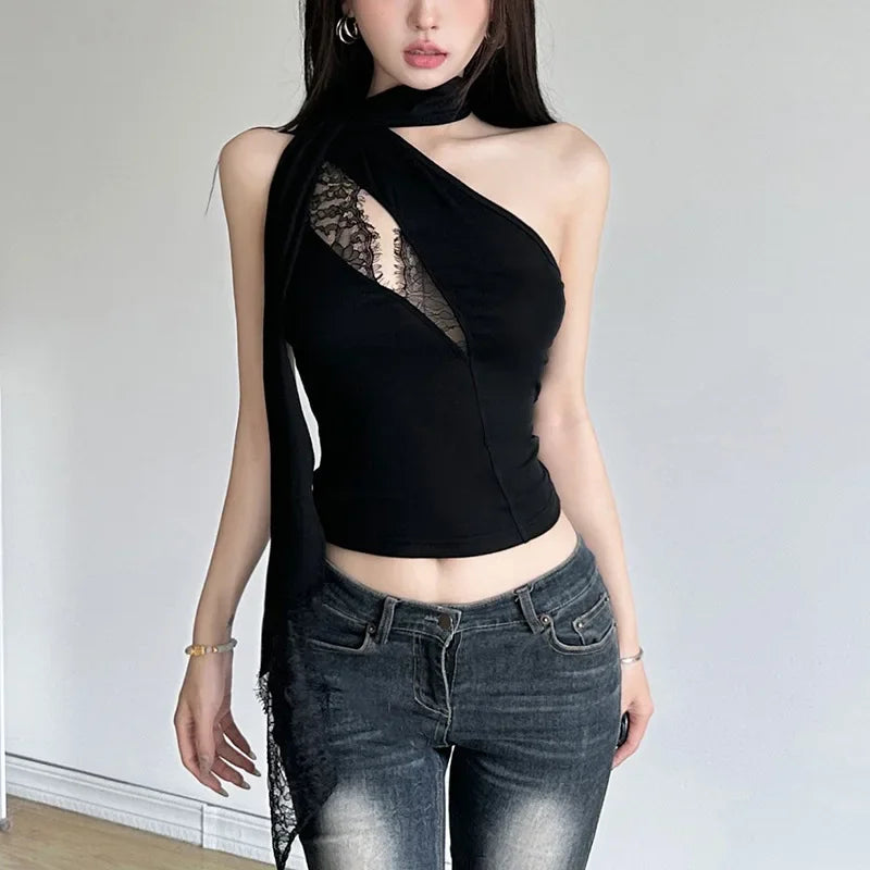 pantsparadises New Vintage Summer Women's Lace Tops Harajuku Retro Sexy Streamer Splicing Hollow Asymmetrical Casual Slim-fit Small Vest