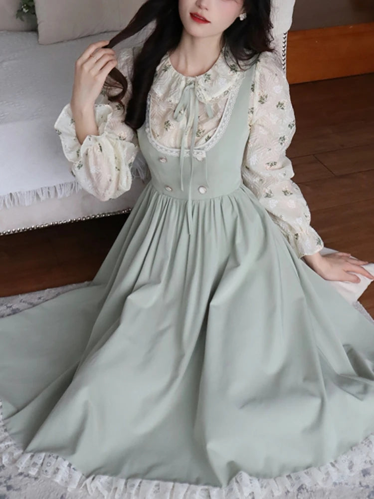 DRESS TO IMPRESS Green Elegant Vintage Strap Dress Women Spring Lace Evening Party Midi Dresses Ladies Retro Korean Sweet Kawaii Fairy Dress