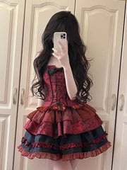 pantsparadises DRESS TO IMPRESS Women's Victorian Gothic Lolita Lace Bow Slim Bandage Princess Dress, Japanese Harajuku Punk Style, Evening Party Red Dresses