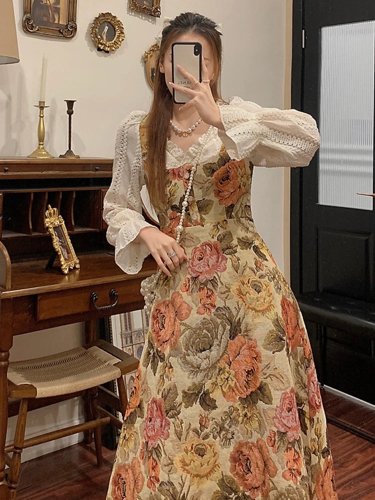 Print Retro Elegant Fairy Dress Women Lace Korean Style Evening Party Midi Dress French Vintage Floral Dress Female Summer