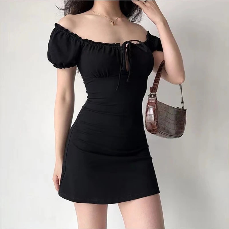 pantsparadises DRESS TO IMPRESS Summer Sexy Mini Dress Women Short Sleeved Lace up Hollow Casual Backless Folds Bodycon Black Dress Party Elegant A-LINE Dresses