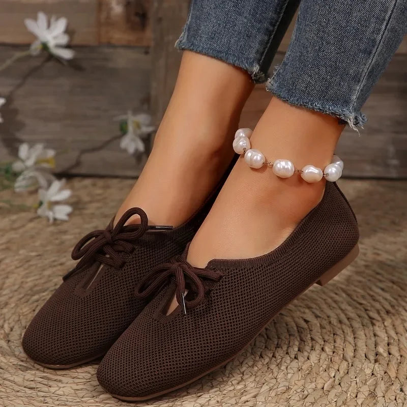 pantsparadises Autumn Mesh Breathable Women's Flat Shoes Solid Simple Ballet Flats Female Casual Lace-up Walking Shoes for Women