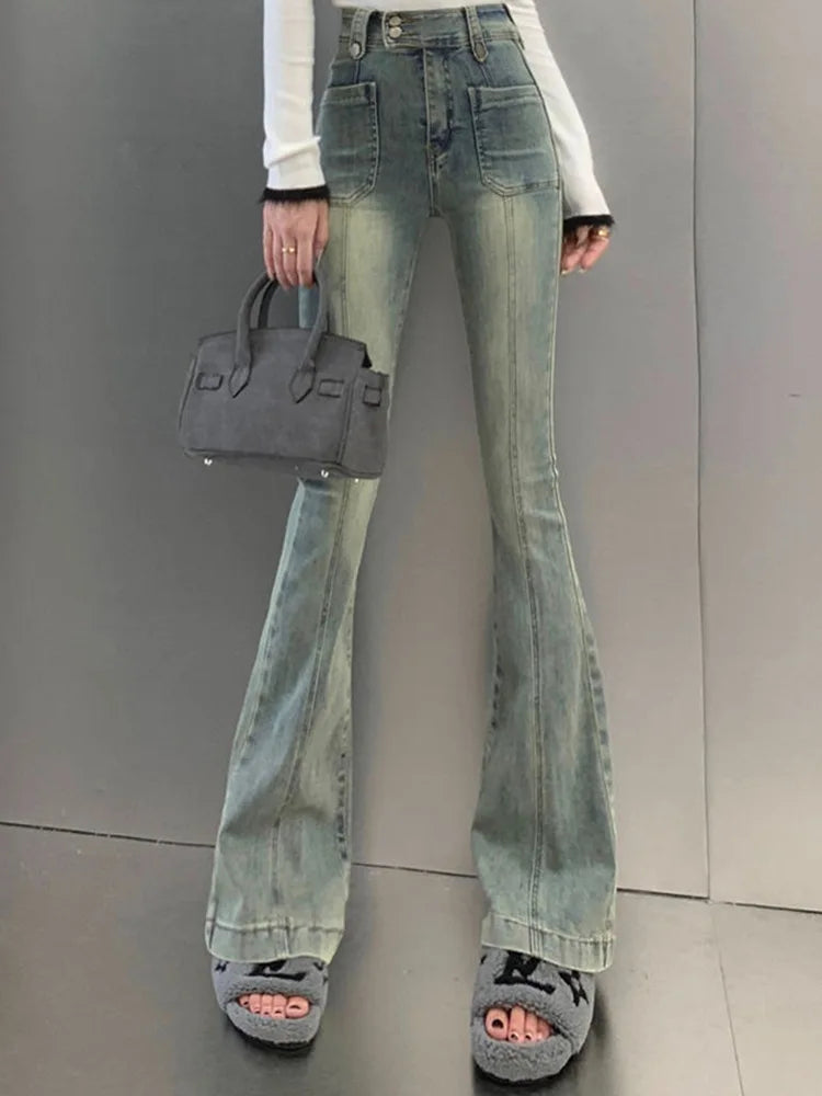 pantsparadises trashy outfits  Pockets Vintage High Waist Skinny Jeans Female Hong Kong Style Denim Bell Bottom Pants Spicy Girl Blue Oversized Boot Cut Jeans