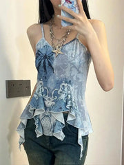 pantsparadises Retro Tank Tops Women Sleeveless Blue Print Tank Y2k Vintage Camis 2000s Japanese E Girls Tee Irregual Tank Tops Summer