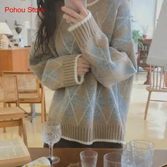 pantsparadises comfy outfits winter Winter Argyle Loose Knitted Sweater Pullovers Sweater Korean College Style Women Jumper