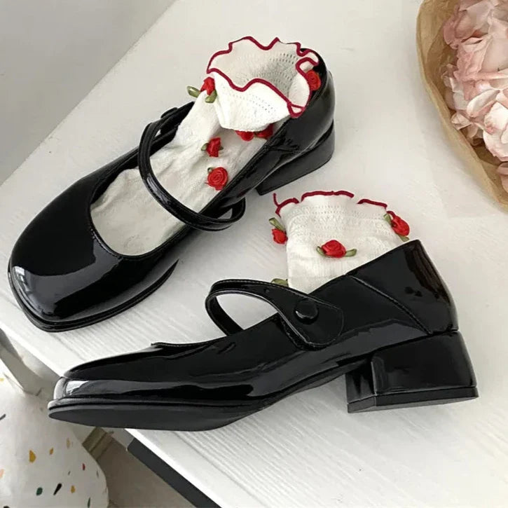 pantsparadises Retro Red Mary Jane Shoes Women Thick Heels Ankle Buckle Lolita Shoes Woman Student French Square heel shallow mouth single shoe