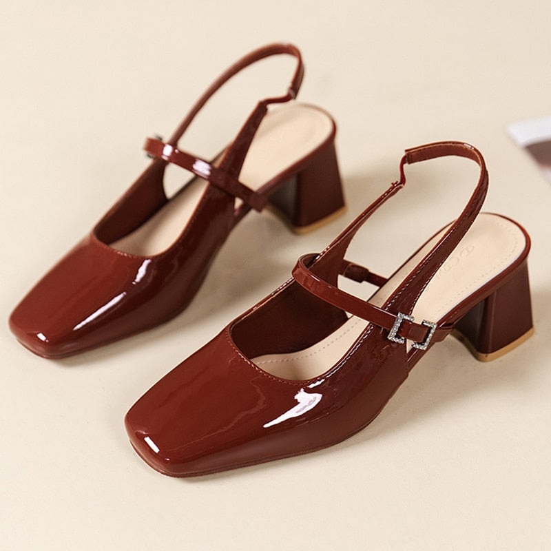 pantsparadises High Heels Mary Jane Sandals Women Summer Red Patent Leather Slingbacks Pumps Woman Square Toe Thick Heeled Shoes Ladies