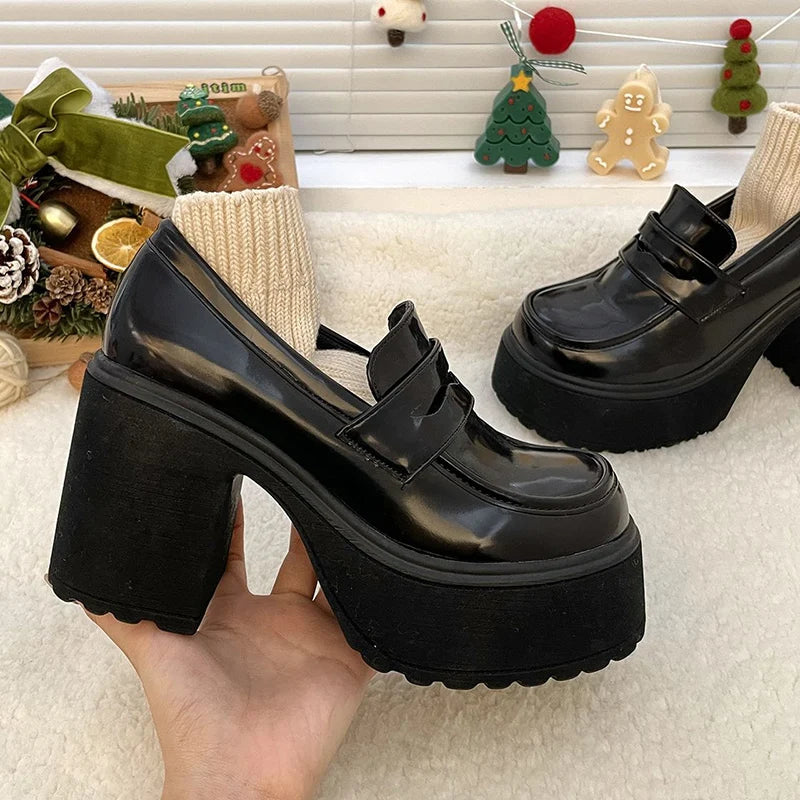 pantsparadises Hot Sale High Heels Loafers Women Shoes Retro Chunky Heels Pumps Woman Uniform College Platform Mary Jane Shoes Ladies