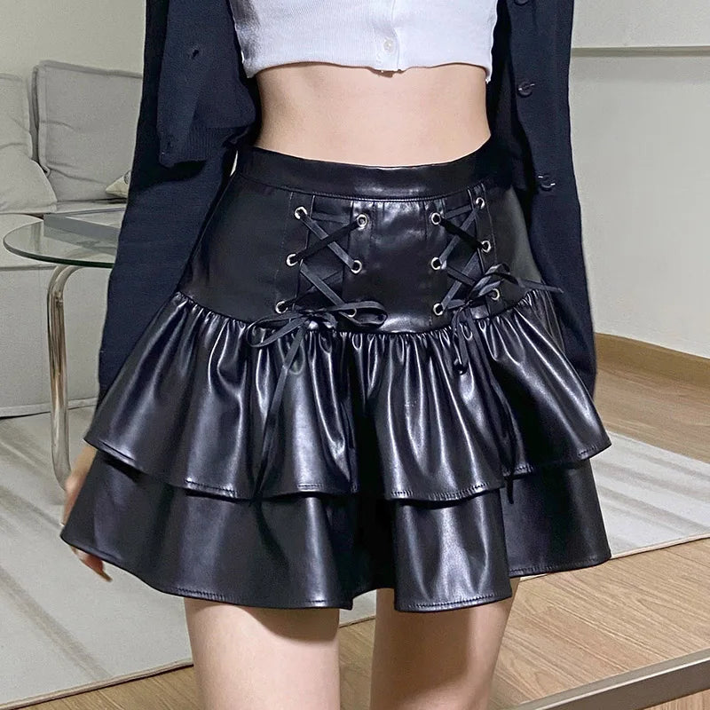 pantsparadises Goth Punk PU Leather Mini Skirt Women Hight Waist Lace Up Bandage Black Pleated Skirt Streetwear Girls Lolita Skirt