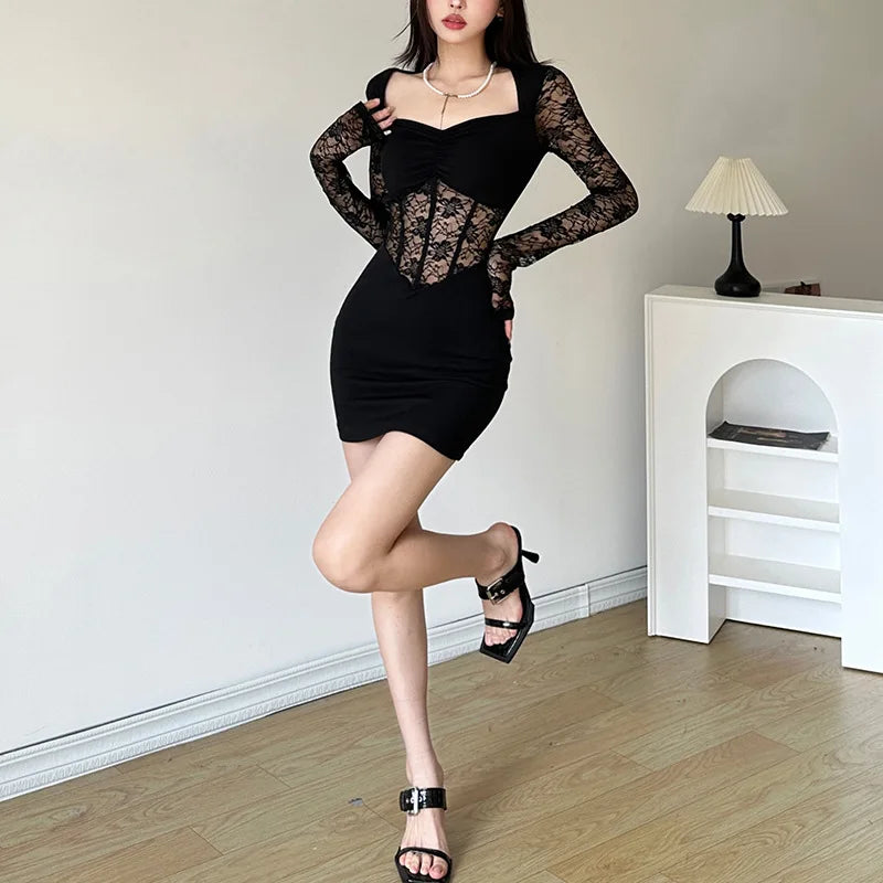 pantsparadises Black Mysterious Sexy Lace Stitching Mature Fishbone Beautiful Sweet Gentle Women'S Winter Long Sleeve Hip Short Dress