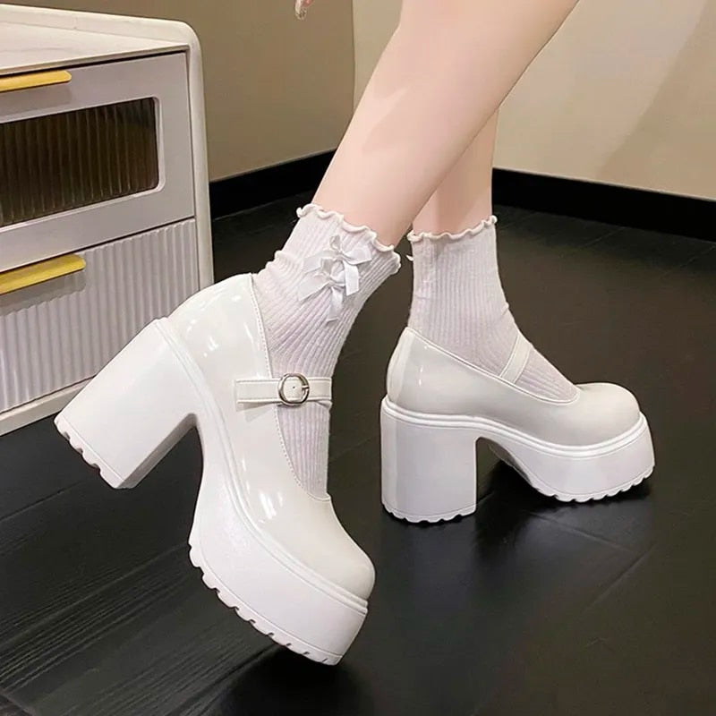 pantsparadises Fashion White Platform Pumps for Women Super High Heels Buckle Strap Mary Jane Shoes Woman Goth Thick Heeled Party Shoes Ladies