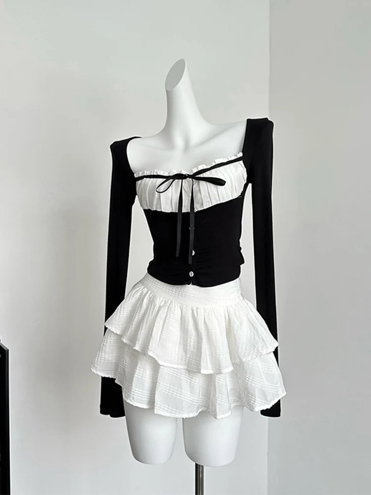 Sweet Romantic 2000s Aesthetics Fashion Gyaru Outfits 2 Piece Set Plaid Square Collar Crop Tops Lace Up + White A-Line Skirts