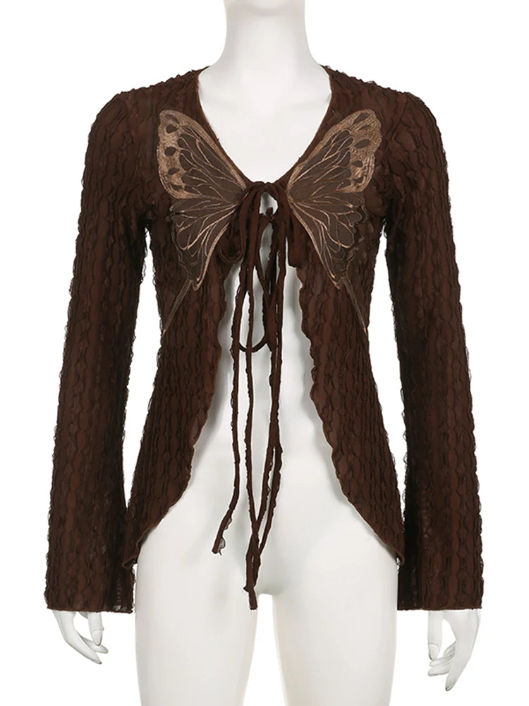 pantsparadises Lace Butterfly Patchwork Cardigan Top for Women Y2K Aesthetics Brown Bandage Long Sleeve T Shirts Grunge Fairycore