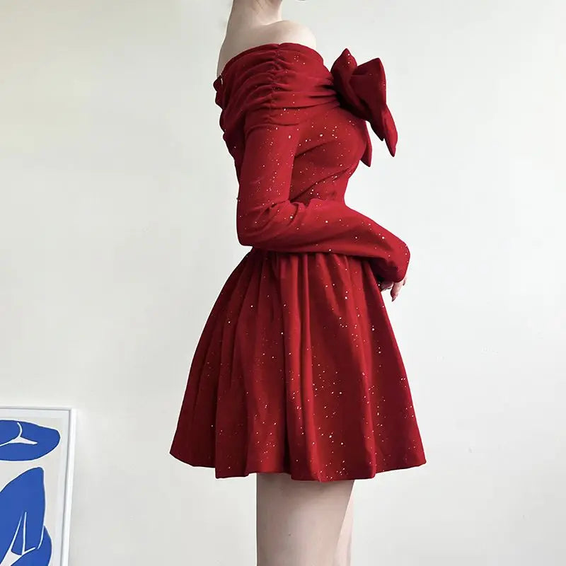 pantsparadises NEW YEAR DRESS Holiday Christmas Bow Velvet A-Line Red Dress Slim Slash Neck Long Sleeve Mini Dresses For Women Autumn Winter Lady