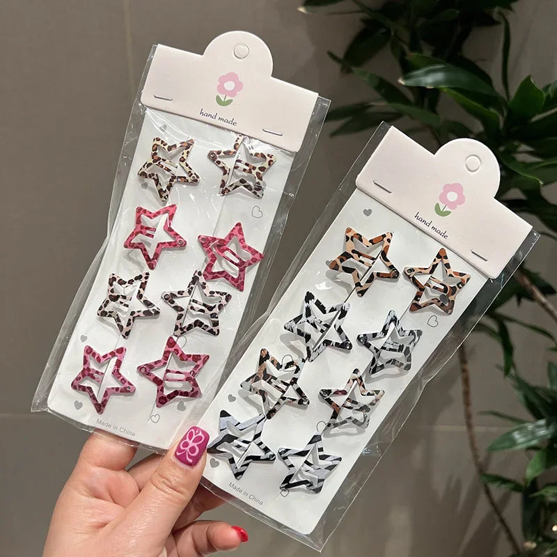 pantsparadises 8pcs/set Leopard Print Hair Clips for Women Girls Vintage Geometric Star BB Clips Bangs Hairpins Barrettes Hair Accessories Set